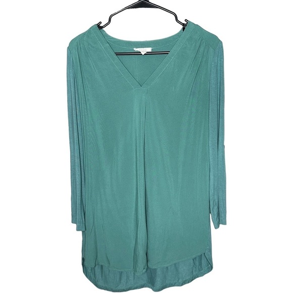 Pleione Anthropologie Teal V-Neck Pullover Roll Tab Tunic Hi-Low Hem Top S/P - Picture 1 of 6